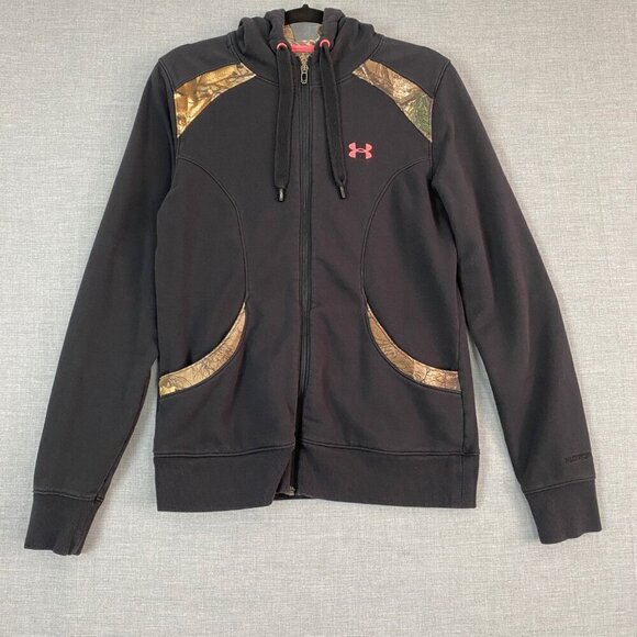 Under Armour Semi-Fitted Zip Up Hoodie Jacket Mens Large Black and Camo - Picture 1 of 10